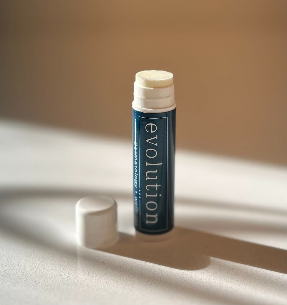 Evolution Dermatology custom lip balm for winter and summer protection available in the office in Boulder Colorado